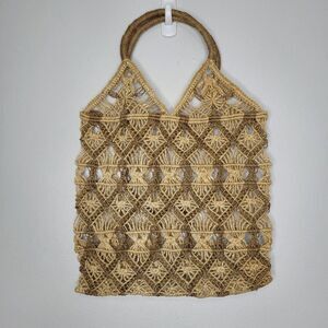 Crochet macrame open knit tan brown boho hippie beach hand tote bag